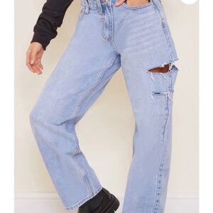 Petite Light Wash Baggy Low Rise Asymmetric Waistband Thigh Split Boyfriend Jea